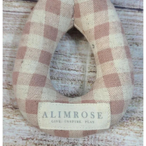 Alimrose Plush Bunny Baby Rattle Off White Dusty Rose Gingham Check 8" - Picture 3 of 3